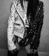 Two Tone Black & White Steampunk Spiked, Women's Gothic Leather Jacket, Multi Studded Personalized, Bachelor Party Handmade Jacket,